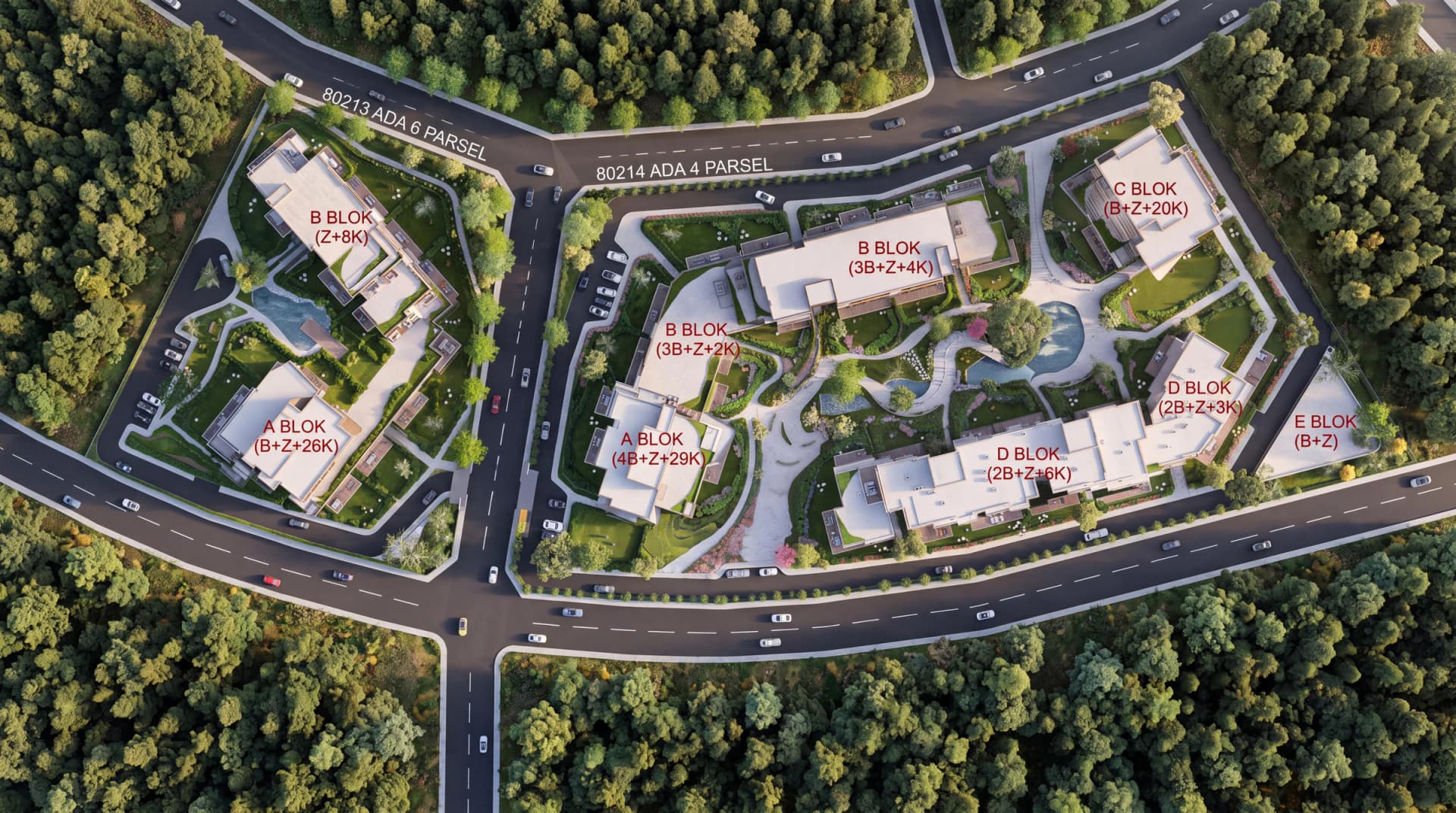 GLOA Bilkent vaziyet planı, A–E blokları ve peyzaj düzeni
