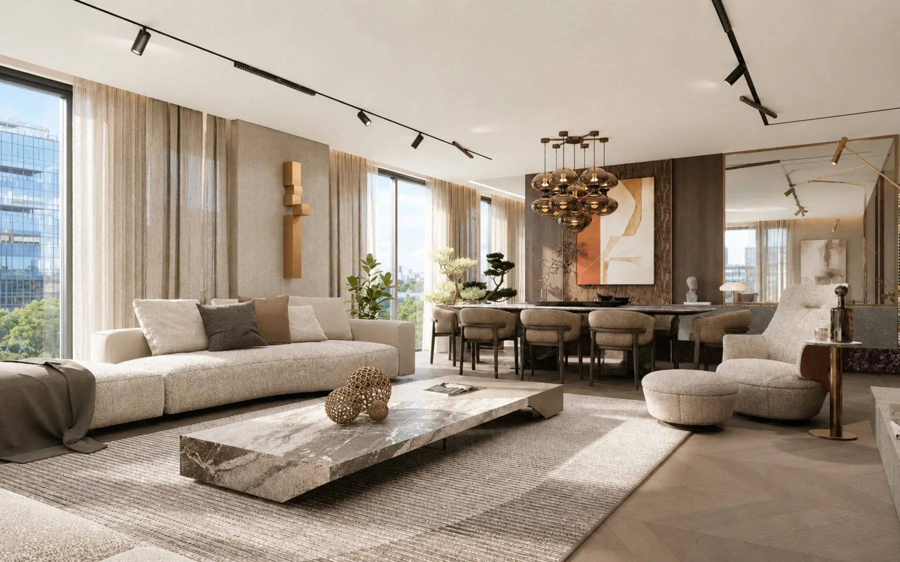 Açık plan salon ve yemek alanı, doğal ışık ve sıcak malzemeler